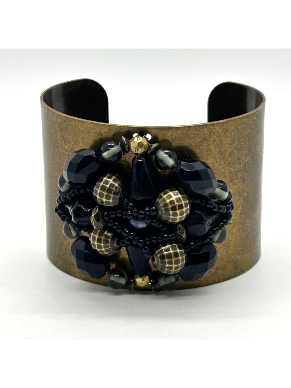 Vintage Brass Wide Cuff Bracelet Black Gold Beaded Cluster Boho Statement - Picture 1 of 11